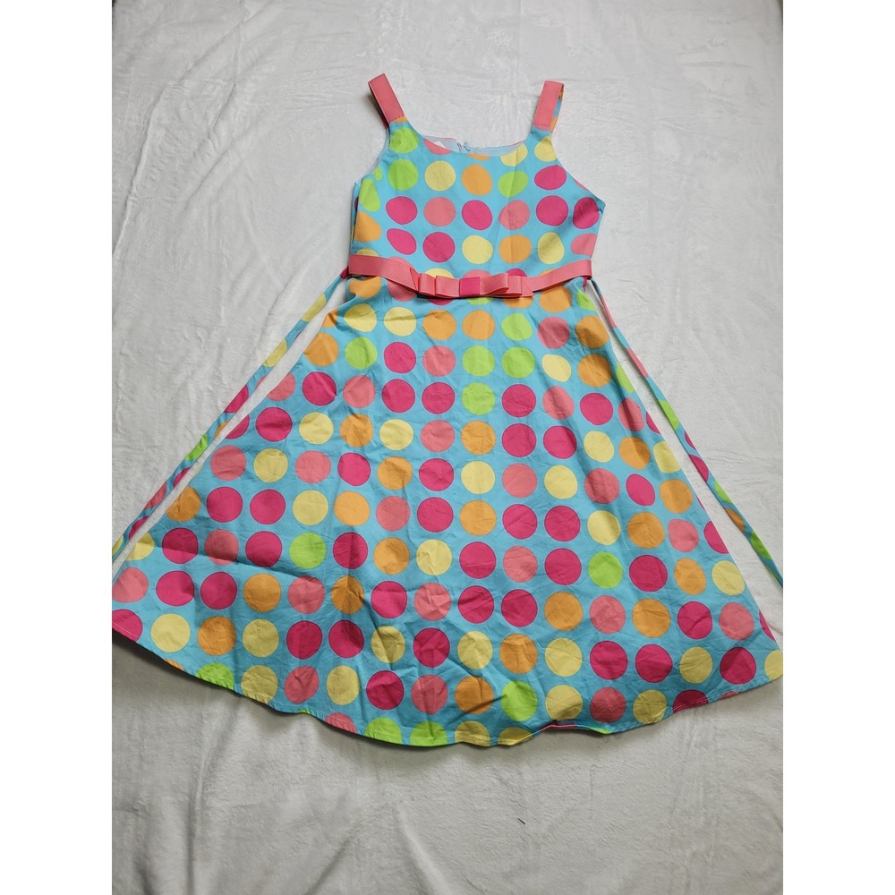 Bonnie Jean Polka Dot Dress Kids Size 8 Blue Pink Fit & Flare Bow